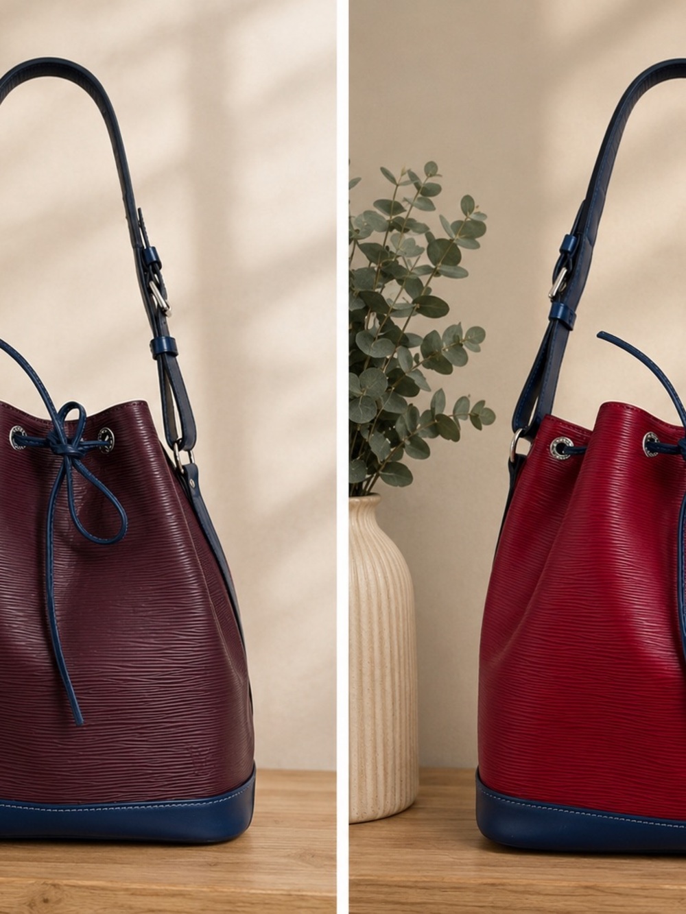 Louis Vuitton Burgundy one side, magenta pink on the other Bucket Bag, blue trim
